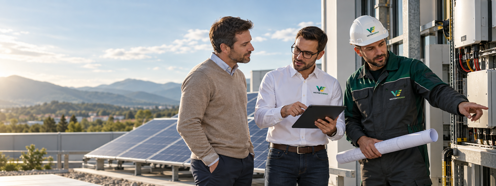 Echipă Vector Energy analizează un proiect fotovoltaic într-un spațiu tehnic