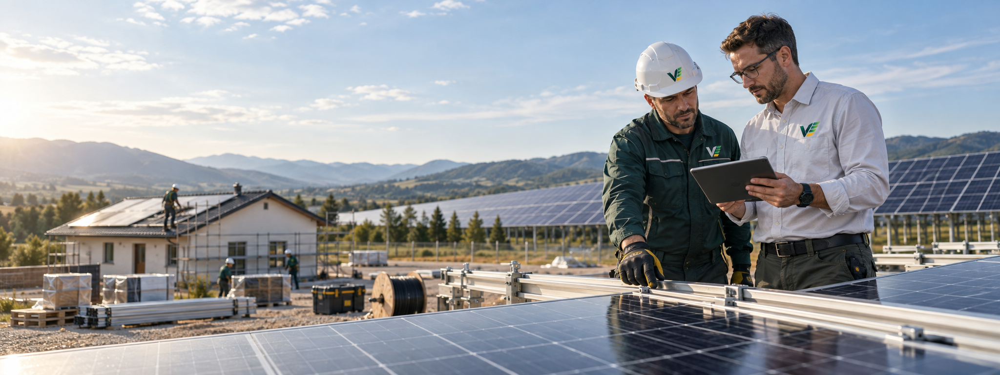 Echipă tehnică verifică un proiect fotovoltaic pe acoperiș