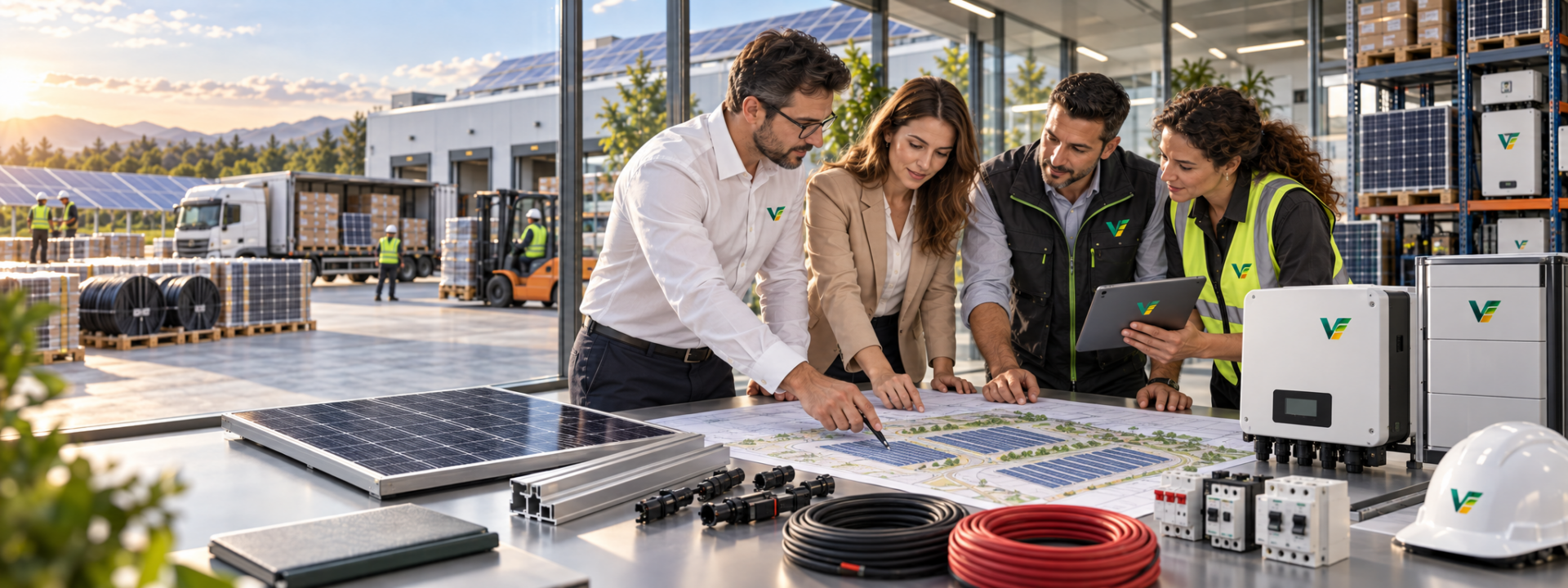 Echipă de specialiști discută un proiect fotovoltaic și componente pentru energie regenerabilă