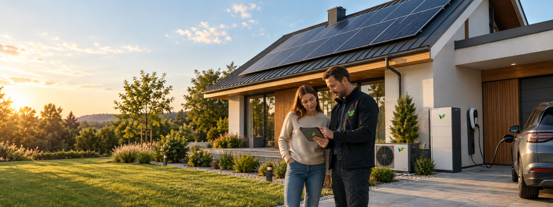 Proprietar și specialist care configurează un sistem fotovoltaic pe tabletă