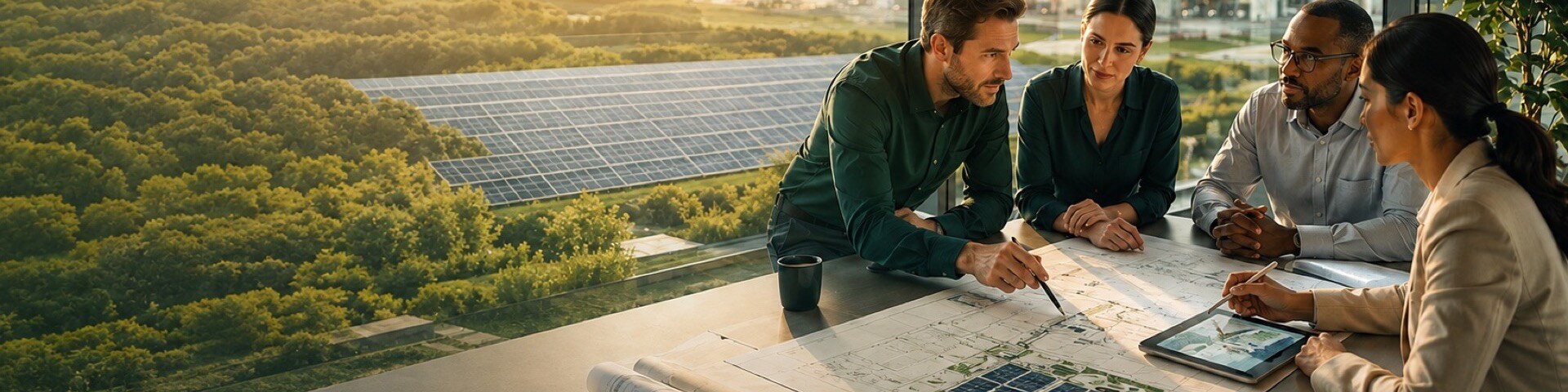 Echipă Vector Energy discută un proiect fotovoltaic